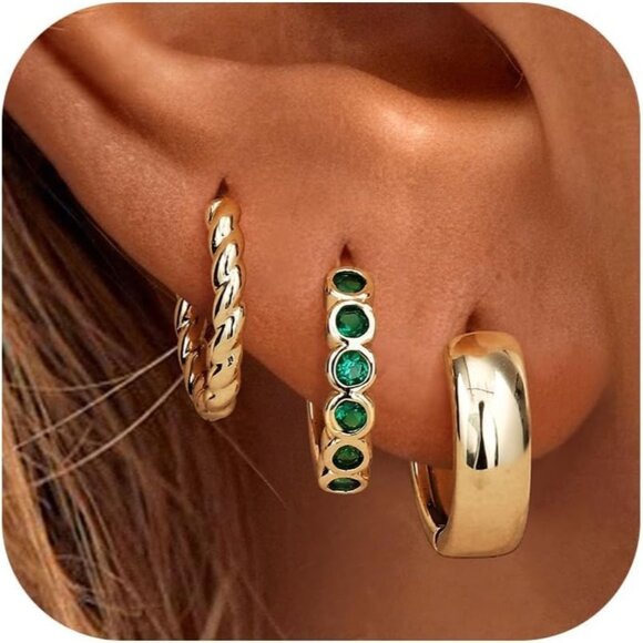 🆕 Women Green Trendy Small Hoop Earrings Twisted Huggie Thick Open Chunky Stack - Picture 1 of 7